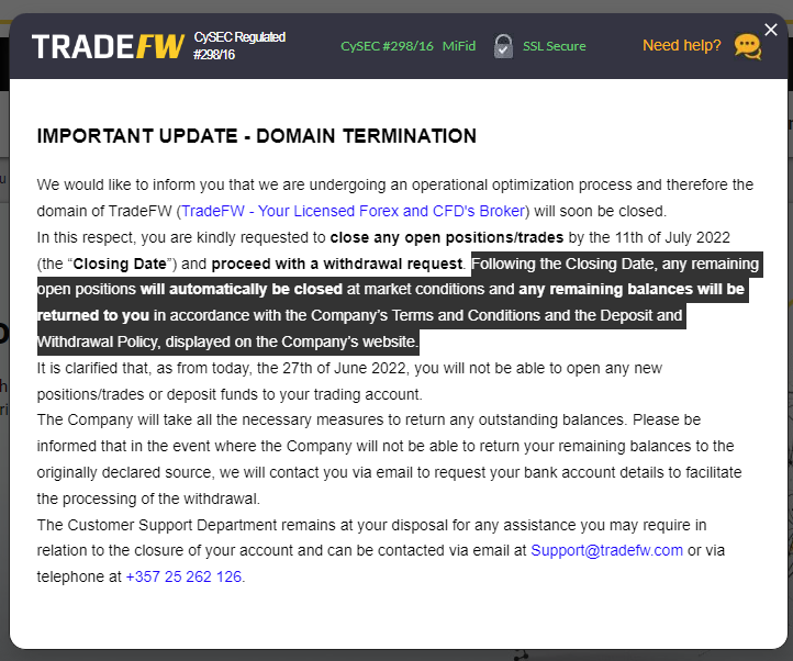 TradeFW Brokers Closing Down